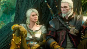 Geralt i Ciri odpoczywający pod drzewem w grze Wiedźmin 3: Dziki Gon