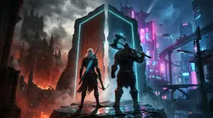 Bohater fantasy i cyberpunkowy świat połączeni w mrocznej scenie inspirowanej Diablo 4 i Wiedźminem