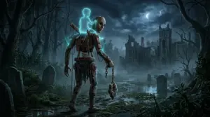 Grotesque marionette carrying a ghostly spirit through a moonlit cemetery in Withering Realms