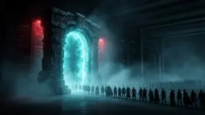 Fantasy MMO portal glowing cyan as anonymous players wait in a long login queue