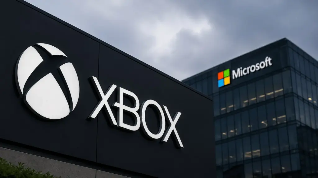 Szyld z logo Xbox przed budynkiem firmy Microsoft