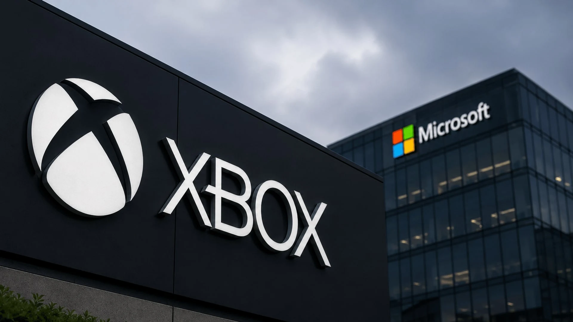 Szyld z logo Xbox przed budynkiem firmy Microsoft