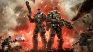 Kluczowy obraz z gry Gears of War: E-Day przedstawiający dwóch żołnierzy w zbrojach na tle zniszczonego miasta.